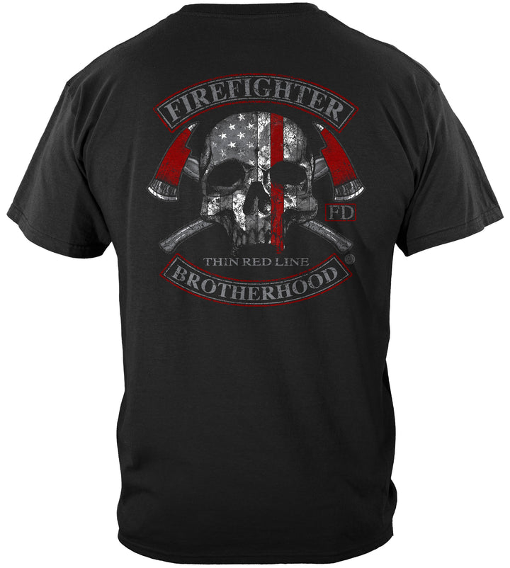 Firefighter Brotherhood T-shirt with bold skull and thin red line design