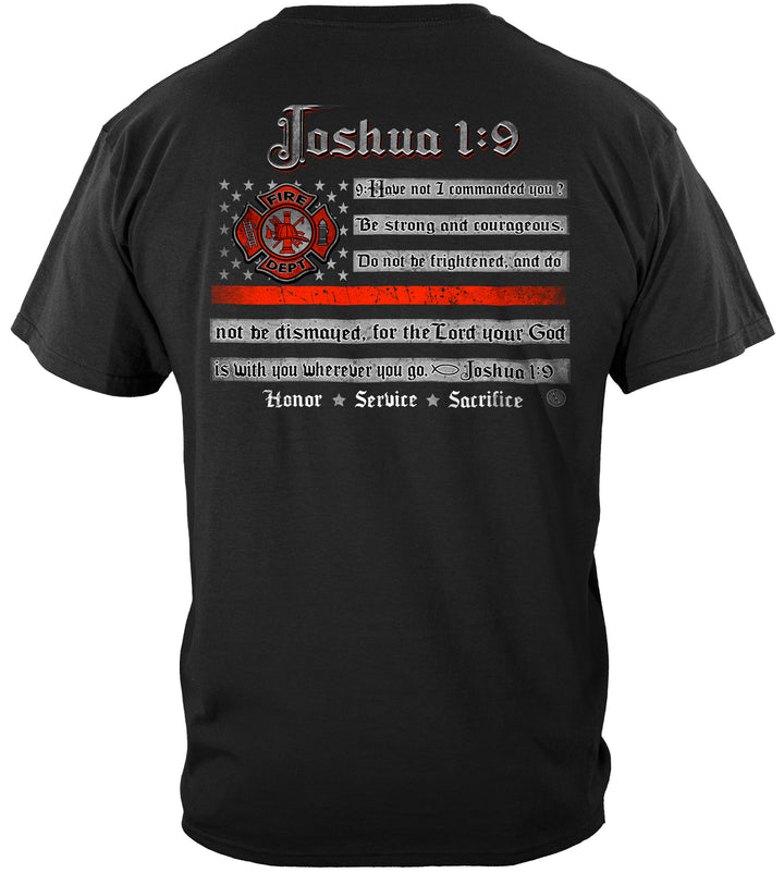 Back of Firefighter Joshua 1:9 T-Shirt featuring inspirational scripture design