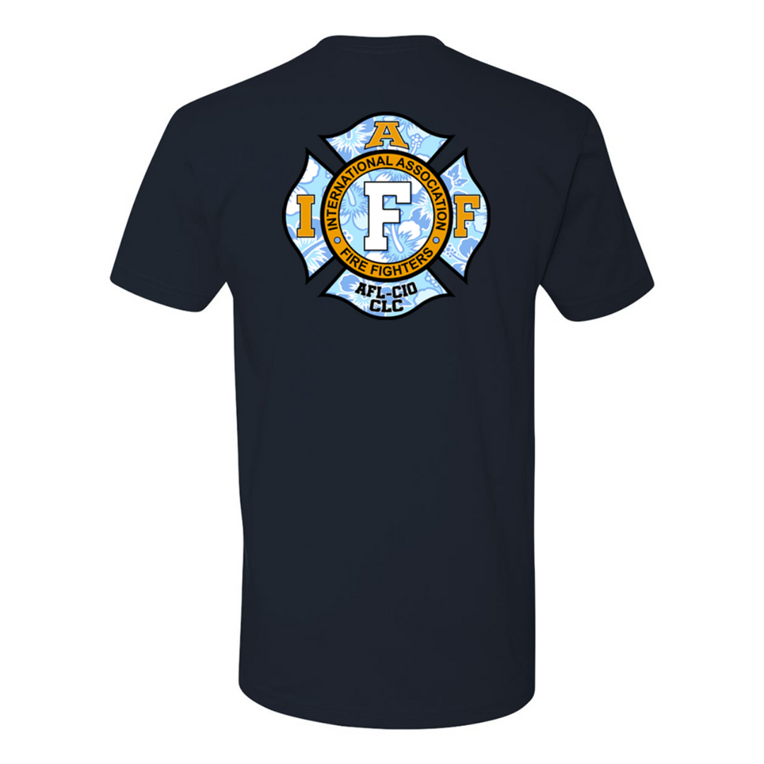 Detailed IAFF Maltese emblem on Hawaiian Firefighter Premium T-Shirt