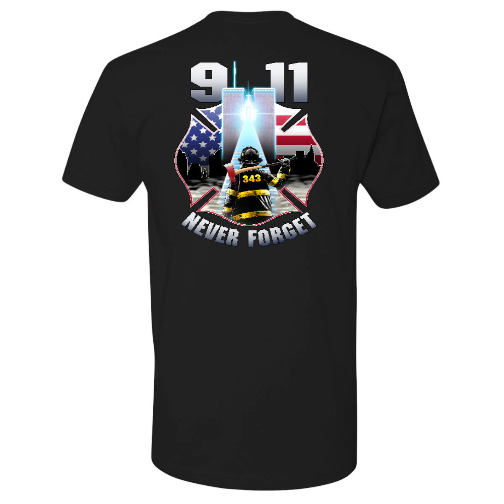 Never Forget 9/11 firefighter T-Shirt with bold remembrance graphic