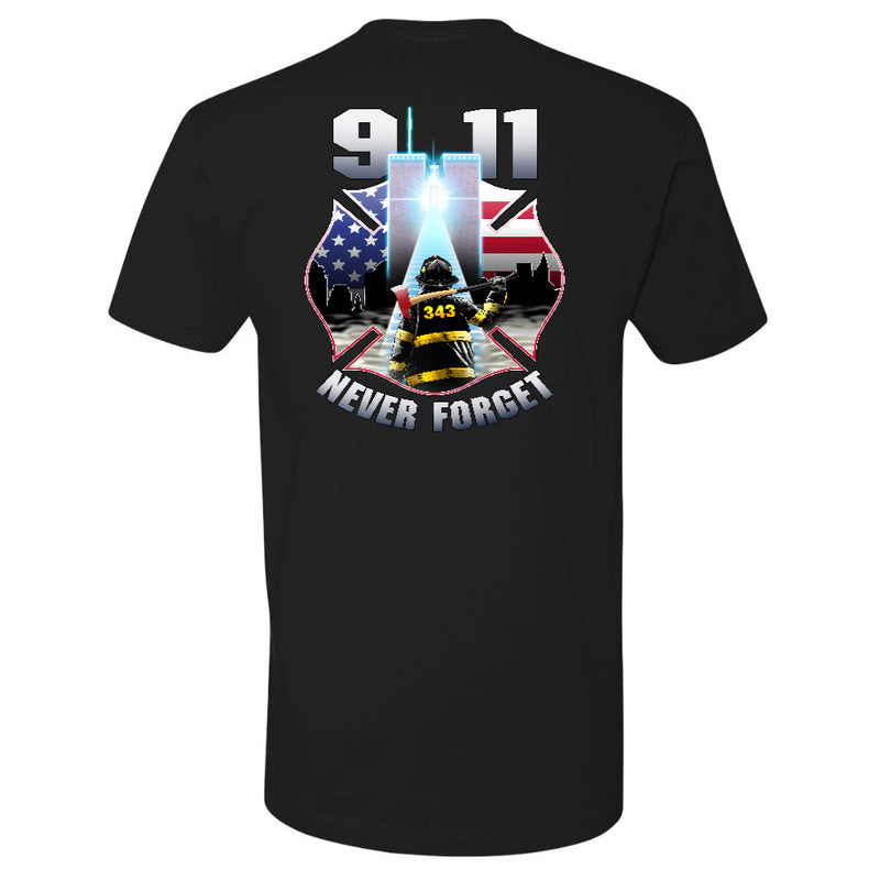 Never Forget 9/11 firefighter T-Shirt with bold remembrance graphic